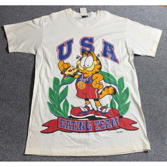 Vintage 90s Garfield USA‎ Eating Team Pizza Graphic Tee Shirt Mens Large NWT